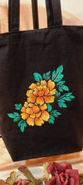 Yellow on black canvas tote bag with zip