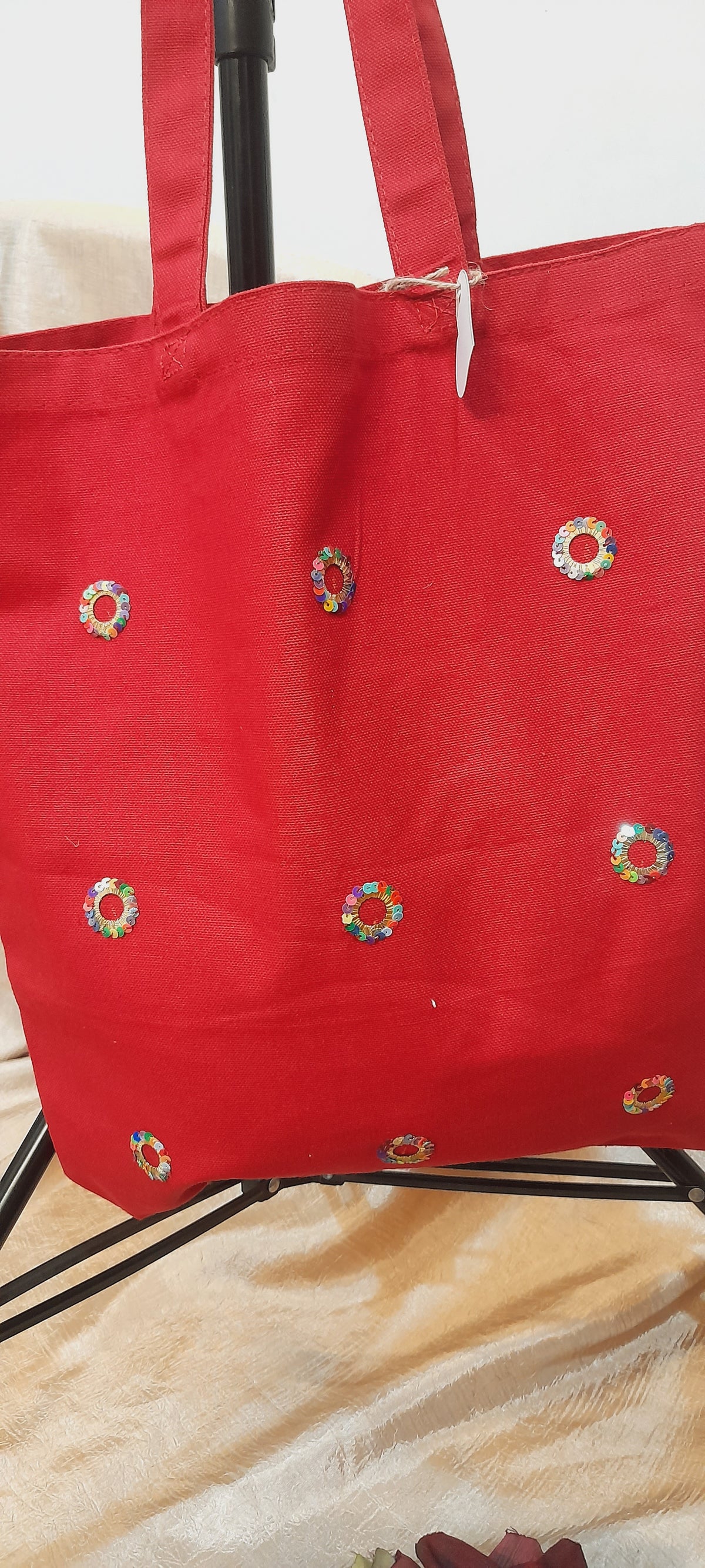 Red sequence canvas tote bag