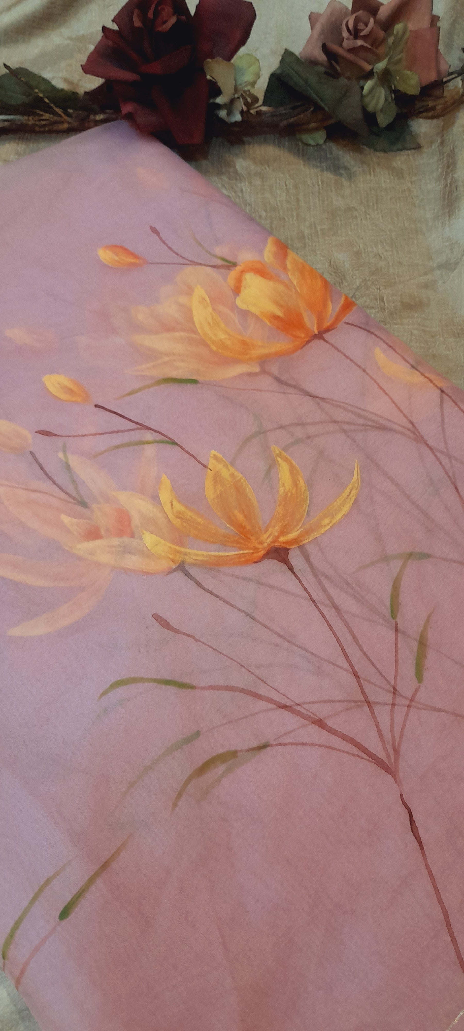 Baby Pink Hand-painted Organza Dupatta