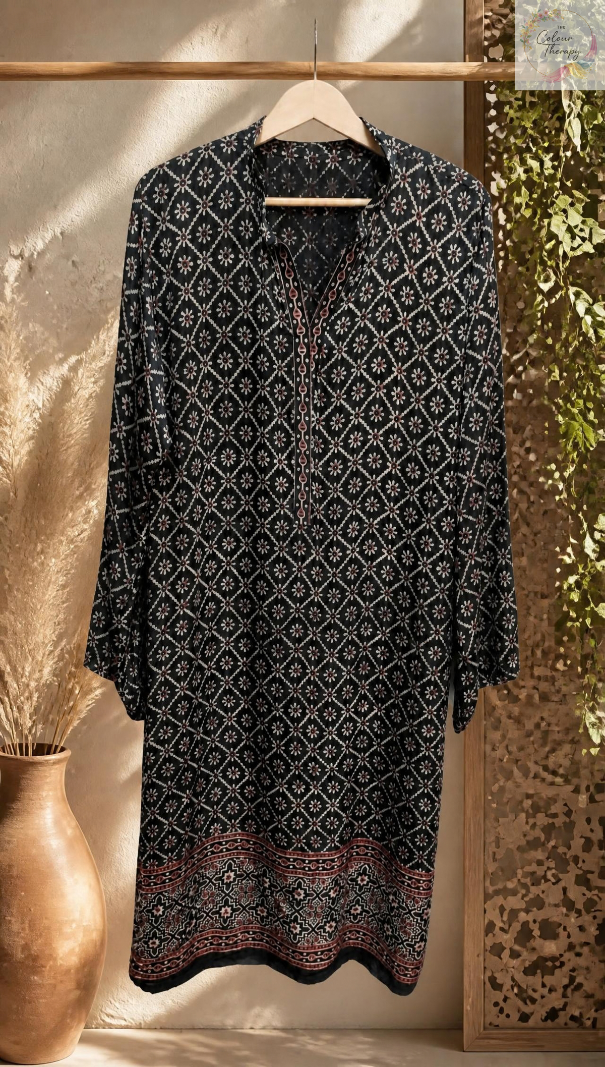 Block Print Ready to Wear Silk Shirt in Black