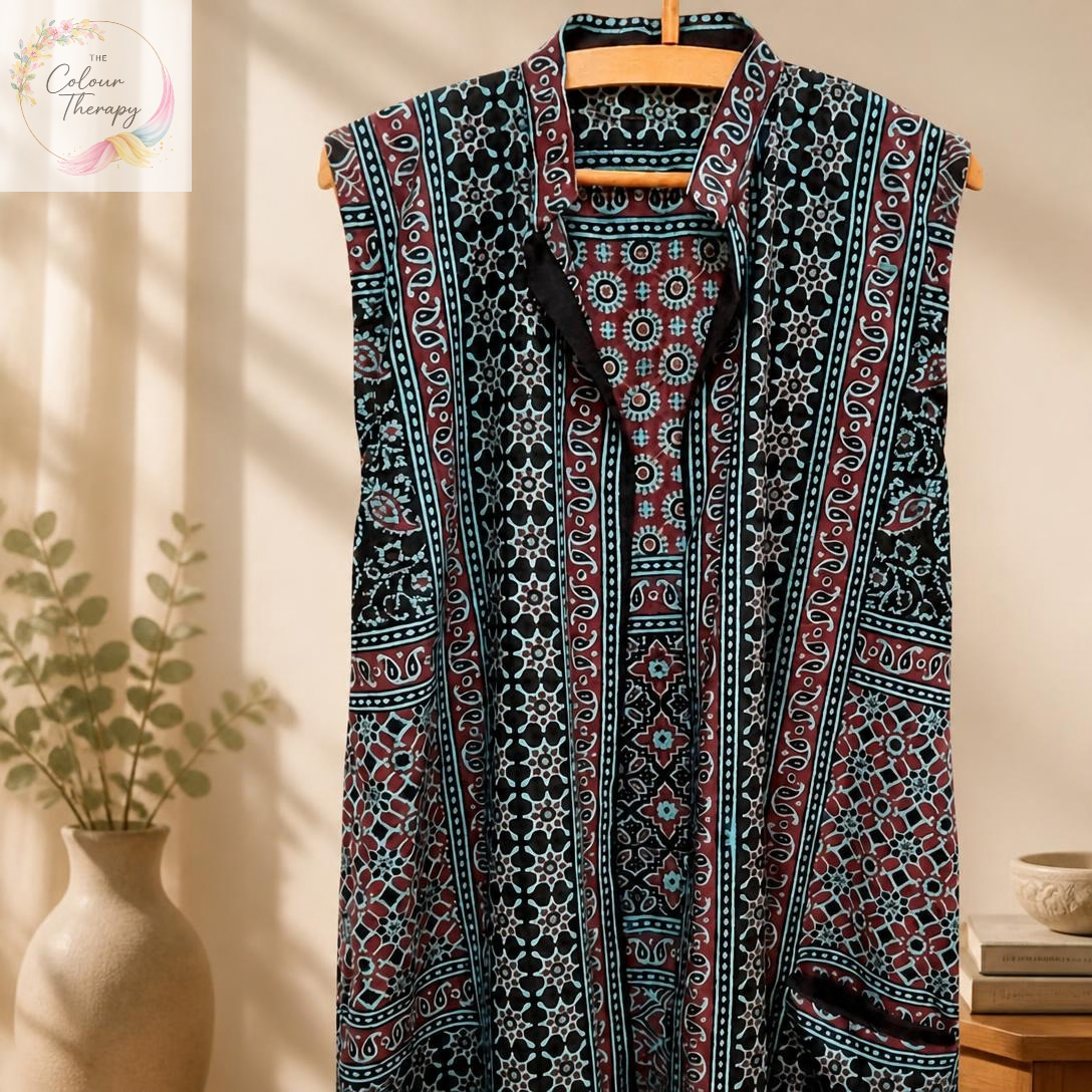 Sleeveless block printed cotton shrug with pocket