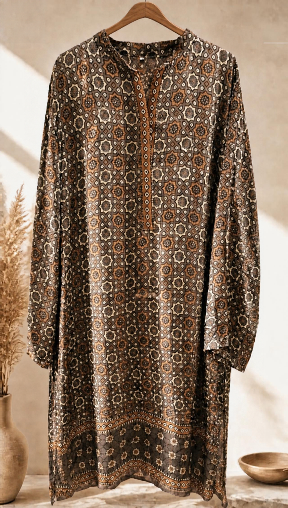Block Print Brown and Mustard Silk Ready to Wear Shirt