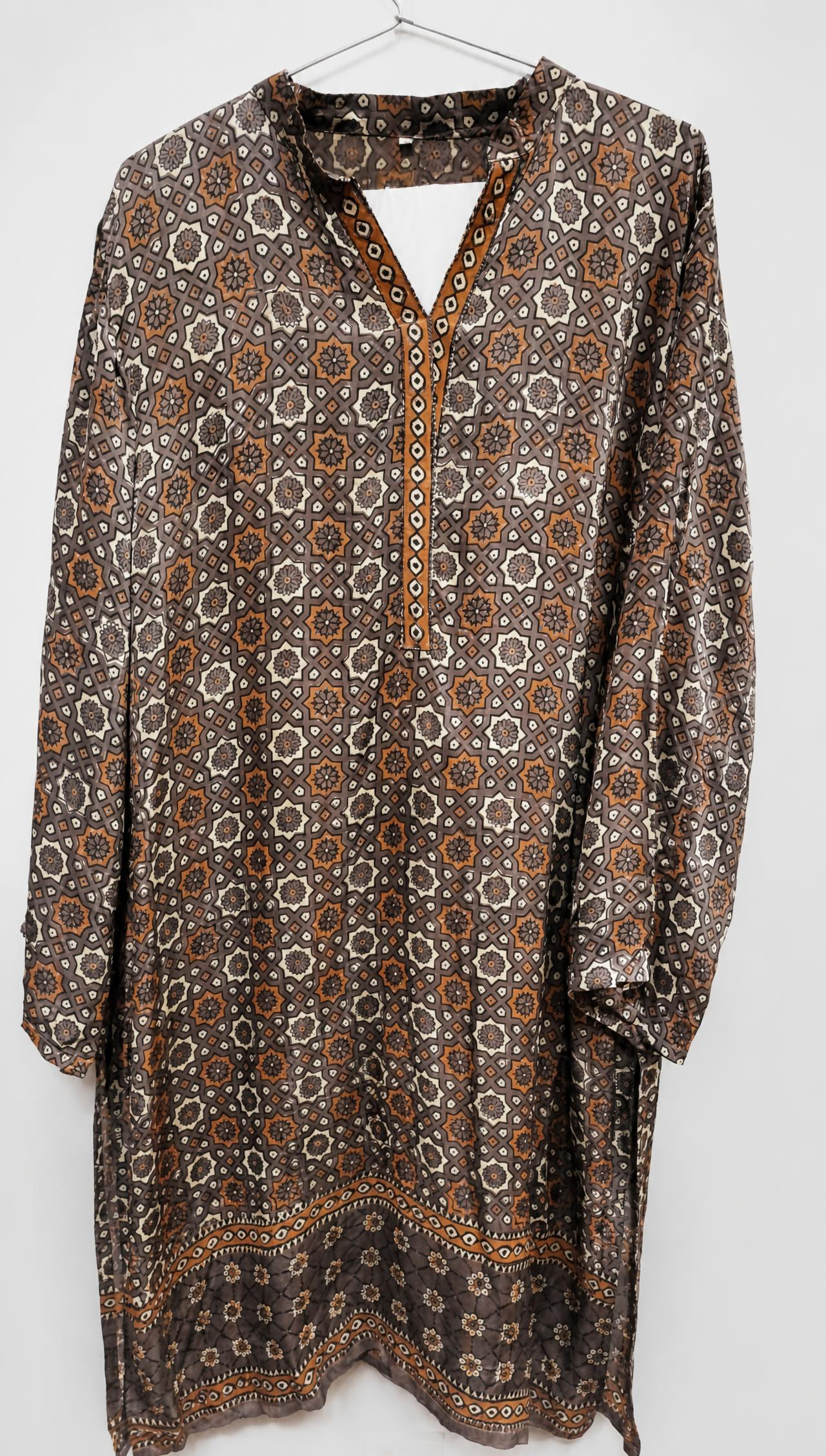 Block print brown and mustard silk ready to wear shirt