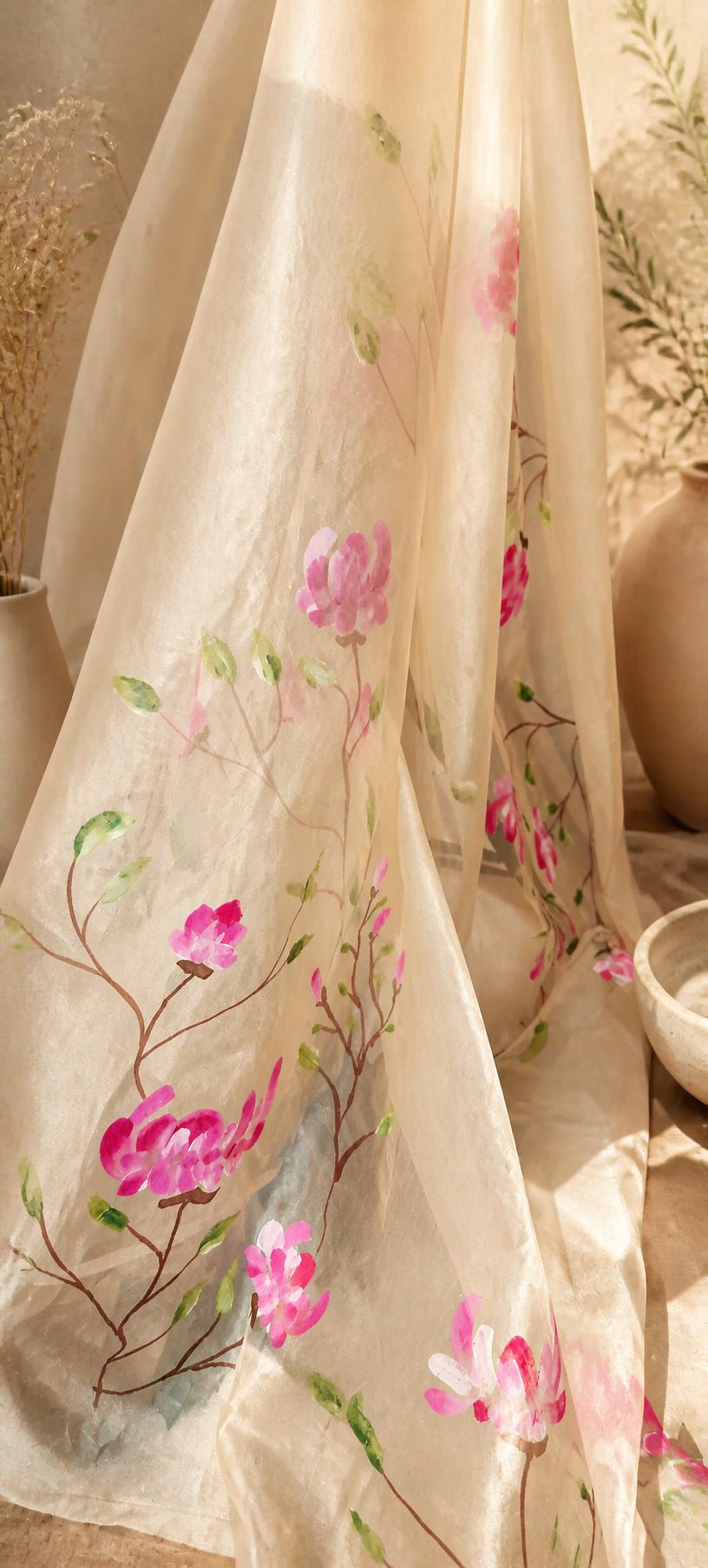 Pinks on Butter Yellow Hand-painted Organza Dupatta