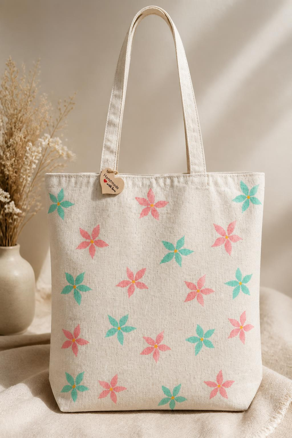 Hand-painted Natural Finish Canvas Tote Bag With Zip