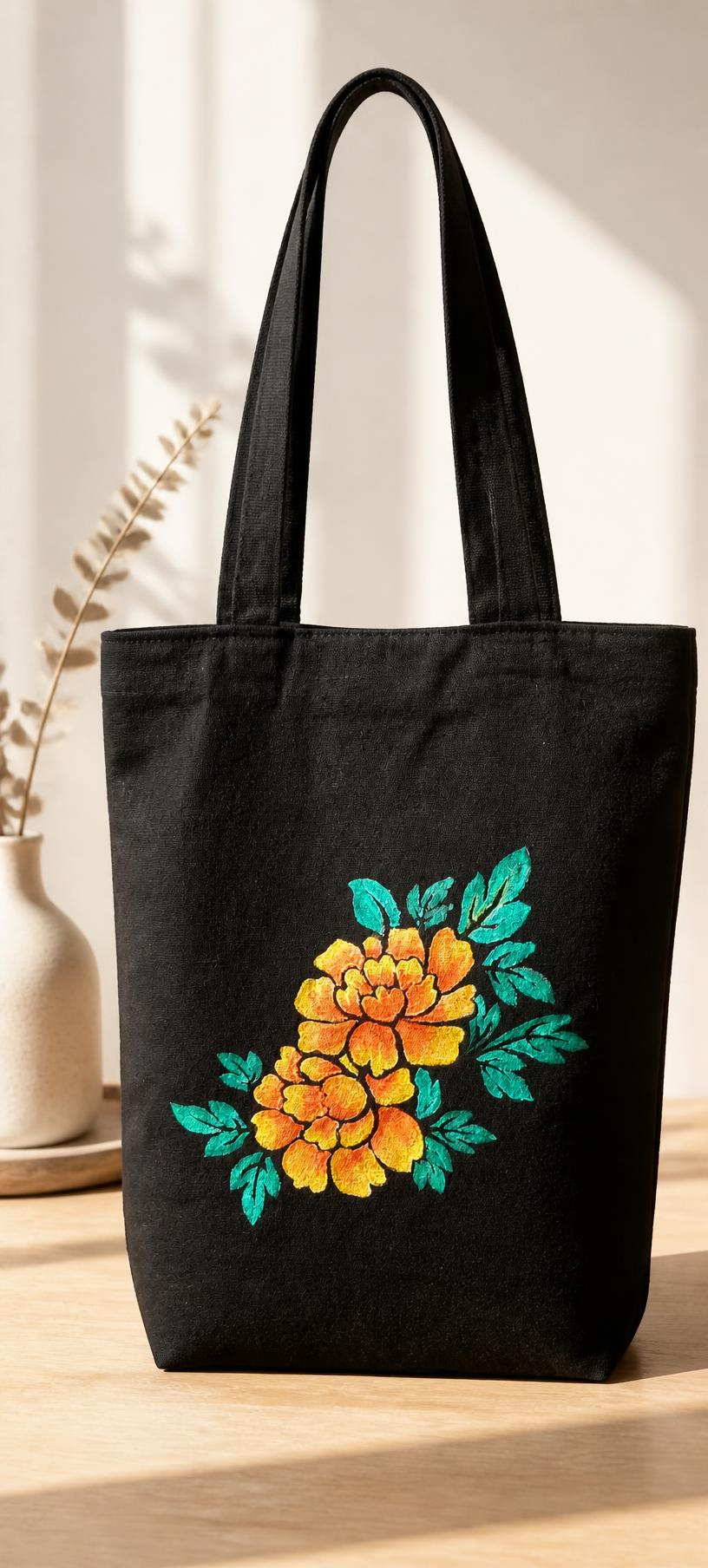 Yellow on Black Canvas Tote Bag With Zip