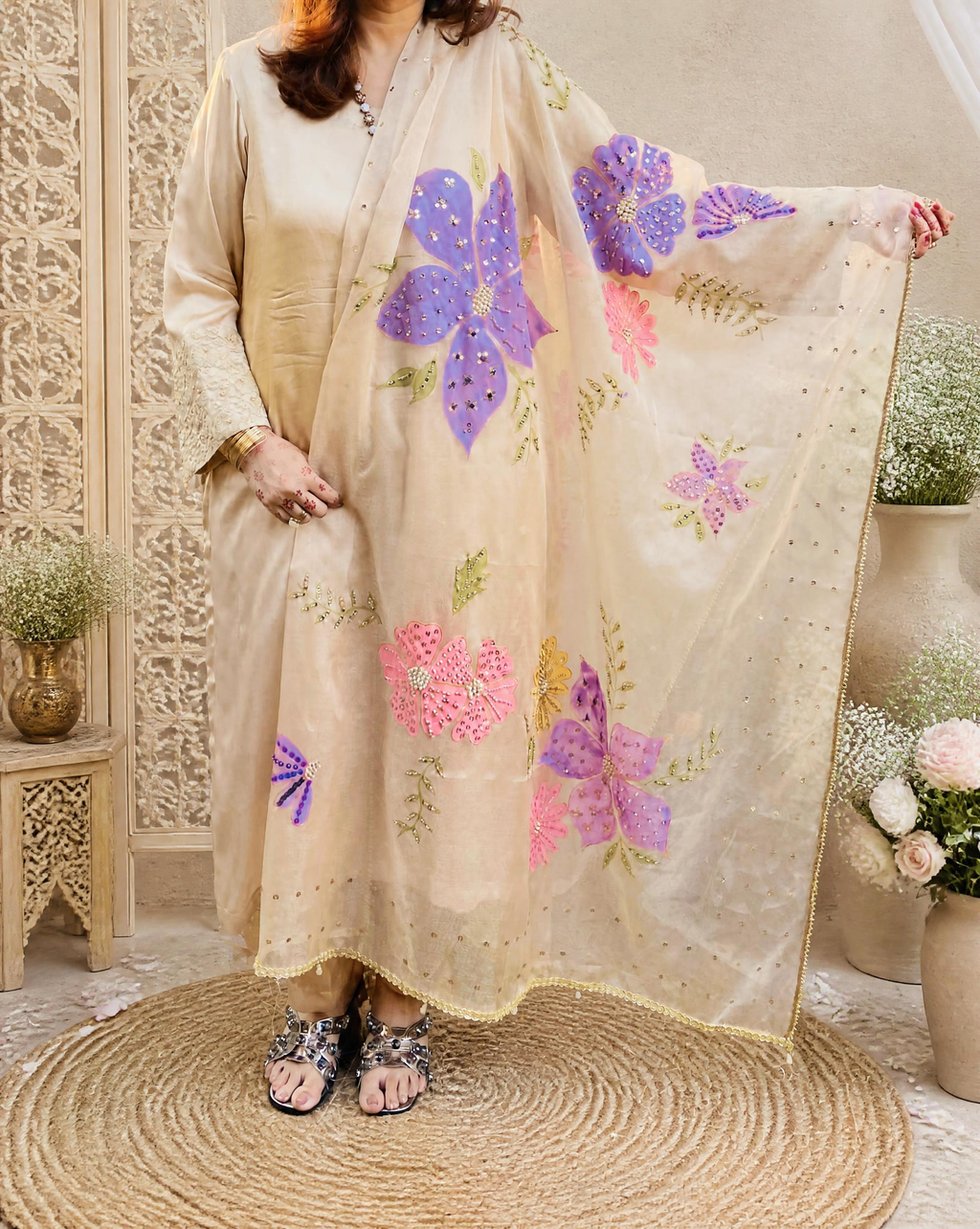 Multicolour Hand-painted Organza Dupatta