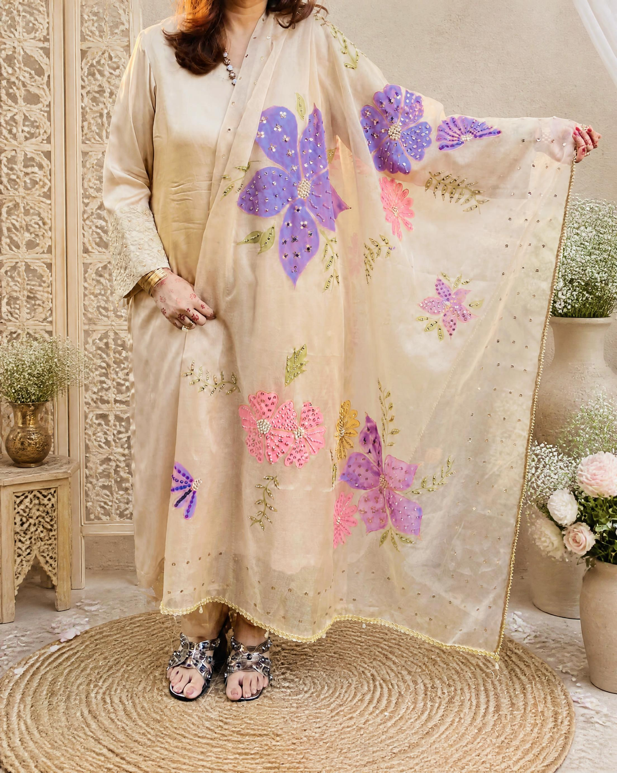 Multicolour Hand-painted Organza Dupatta