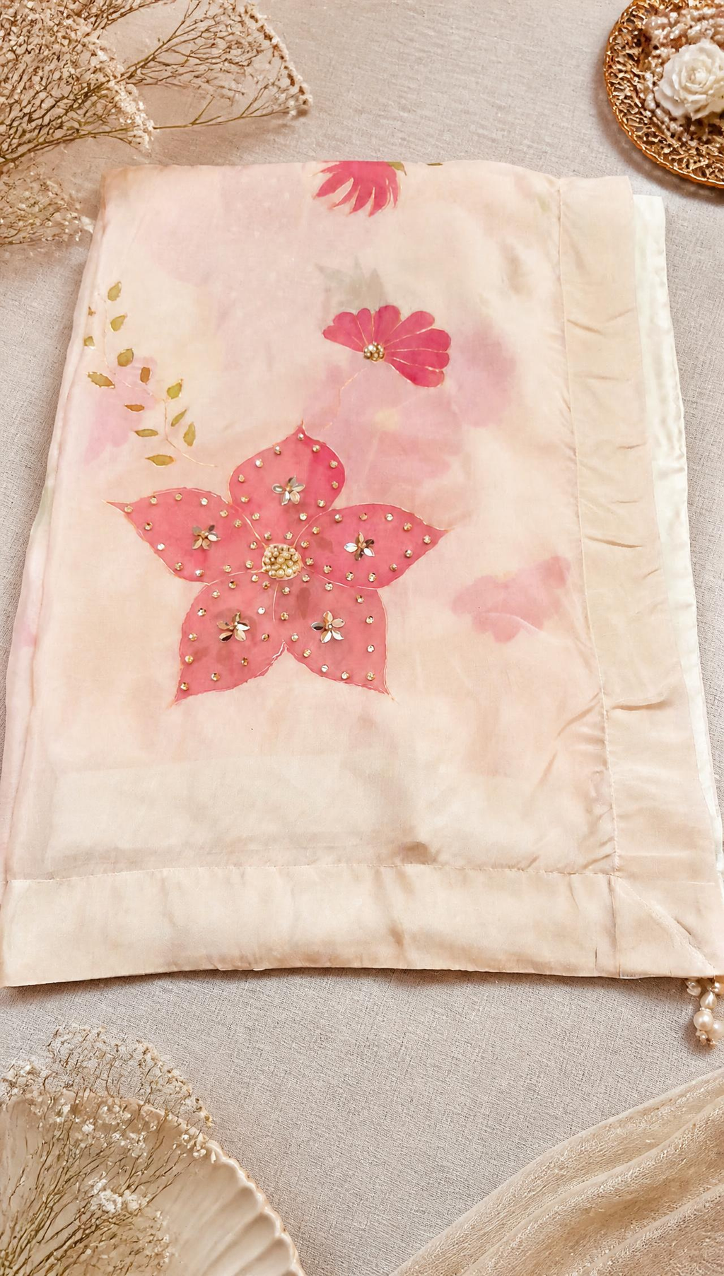 Pinks on Off White Hand-painted Silk Dupatta