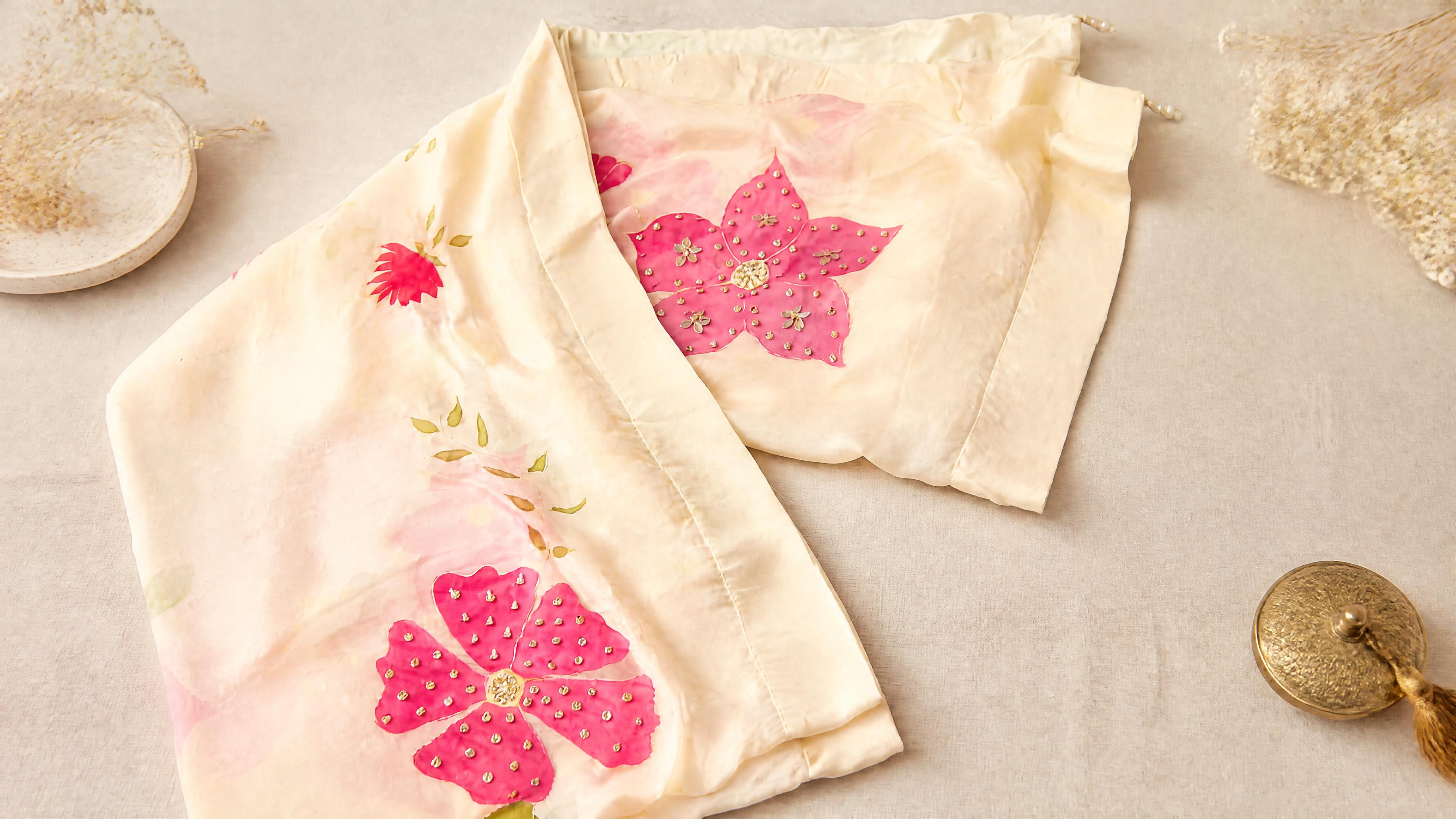 Pinks on Off White Hand-painted Silk Dupatta