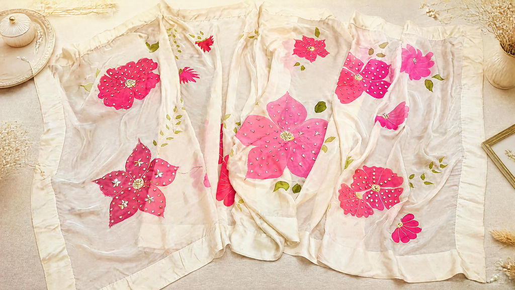 Pinks on Off White Hand-painted Silk Dupatta
