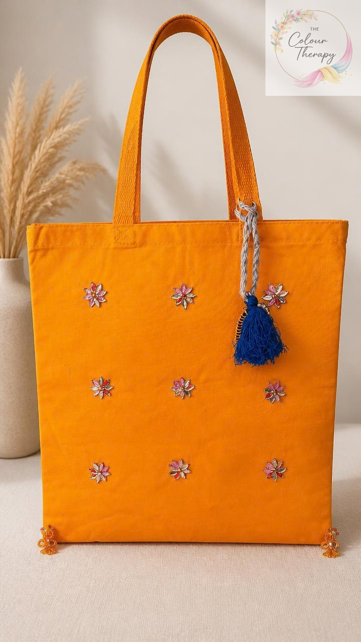 Yellow Hand-embellished Canvas Tote Bag