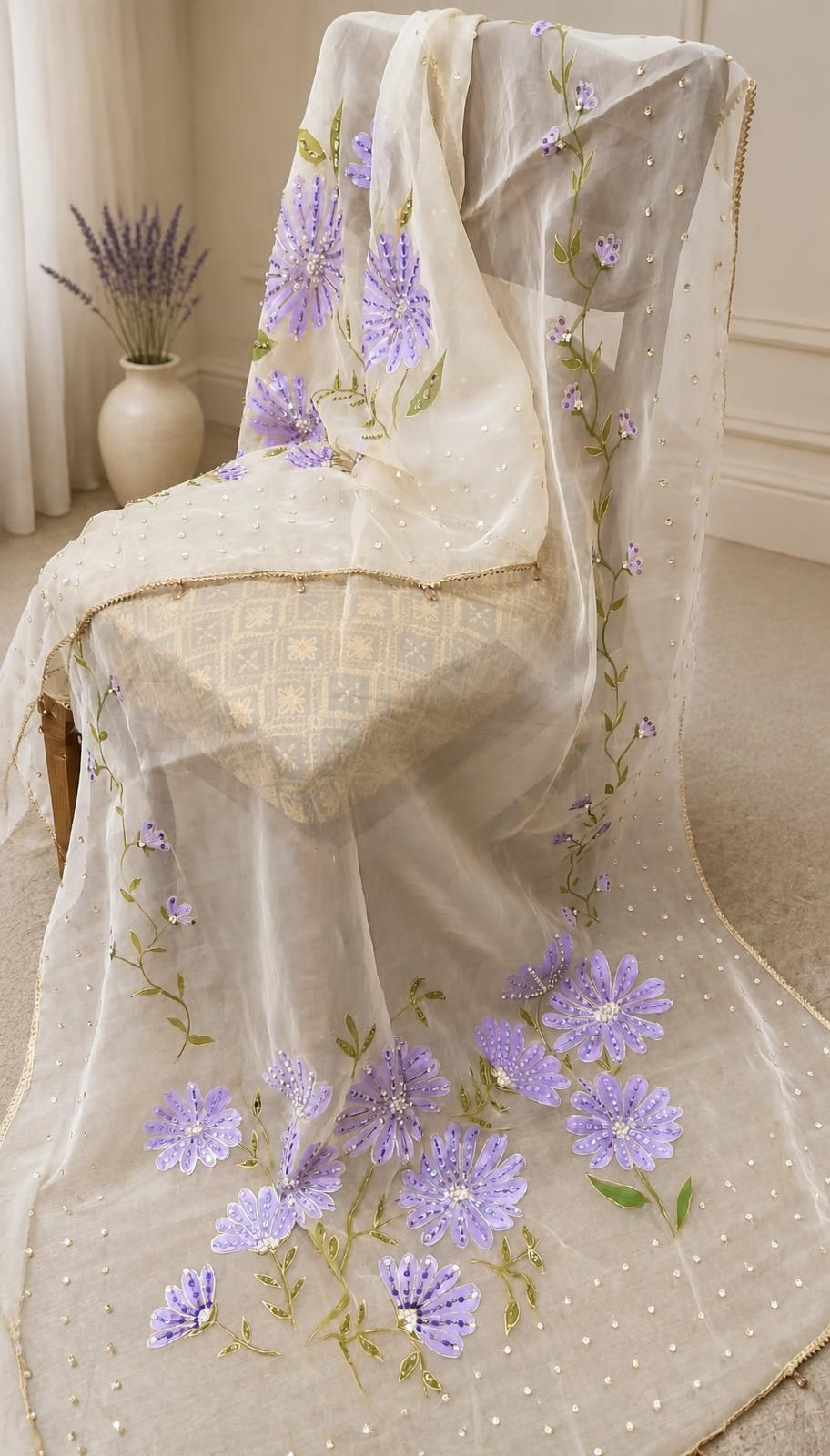 Lilac on Gold Hand-painted Organza Dupatta