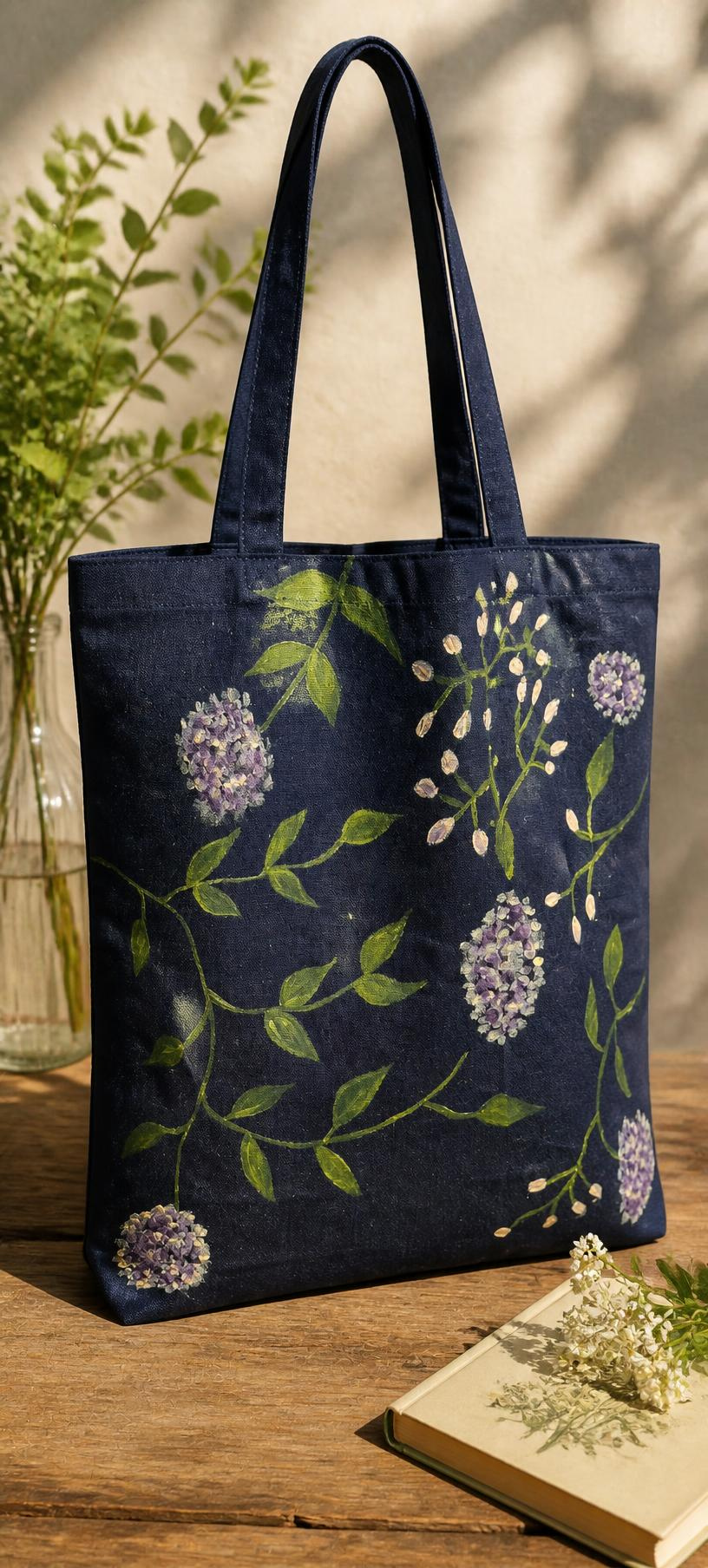 Lilac on blue canvas tote bag