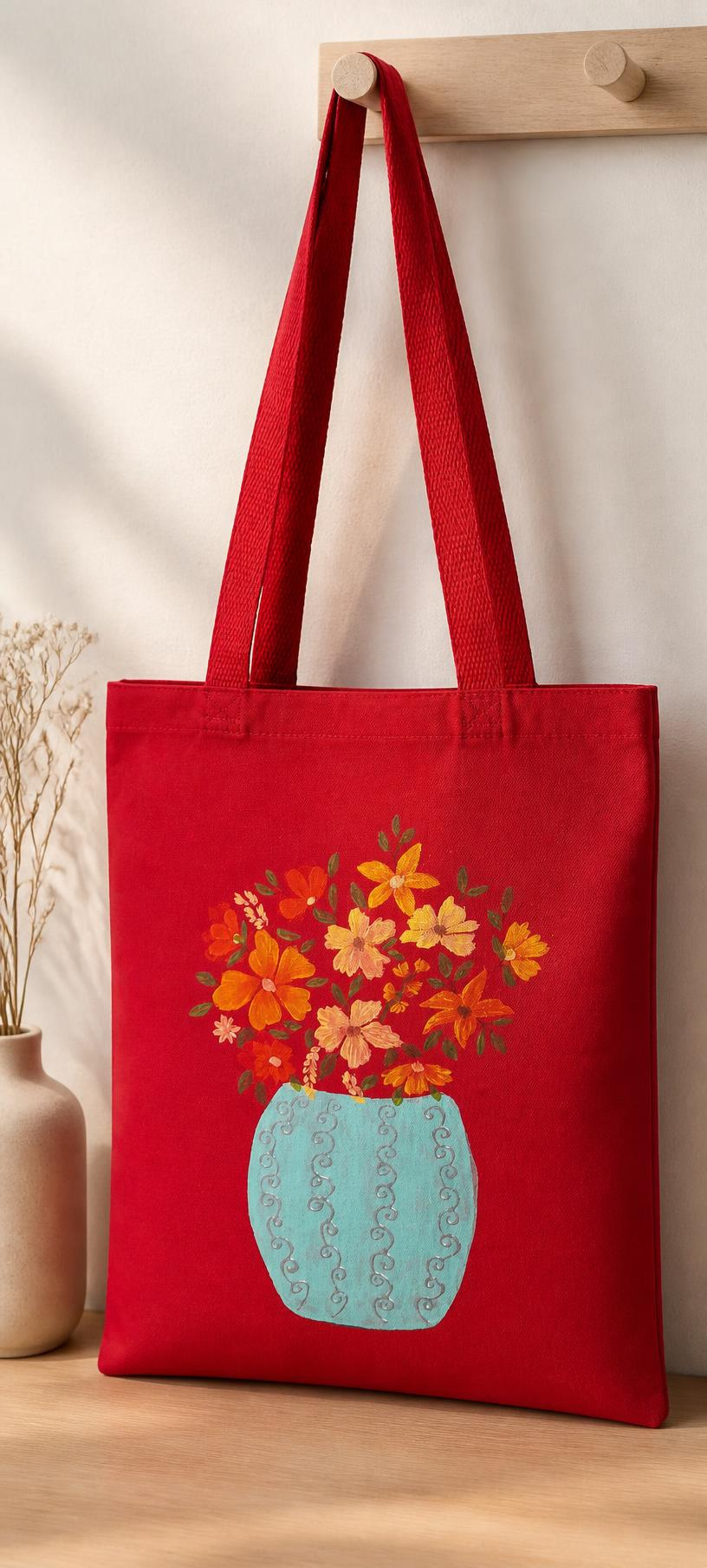 Blue Vase On Red Canvas Tote Bag