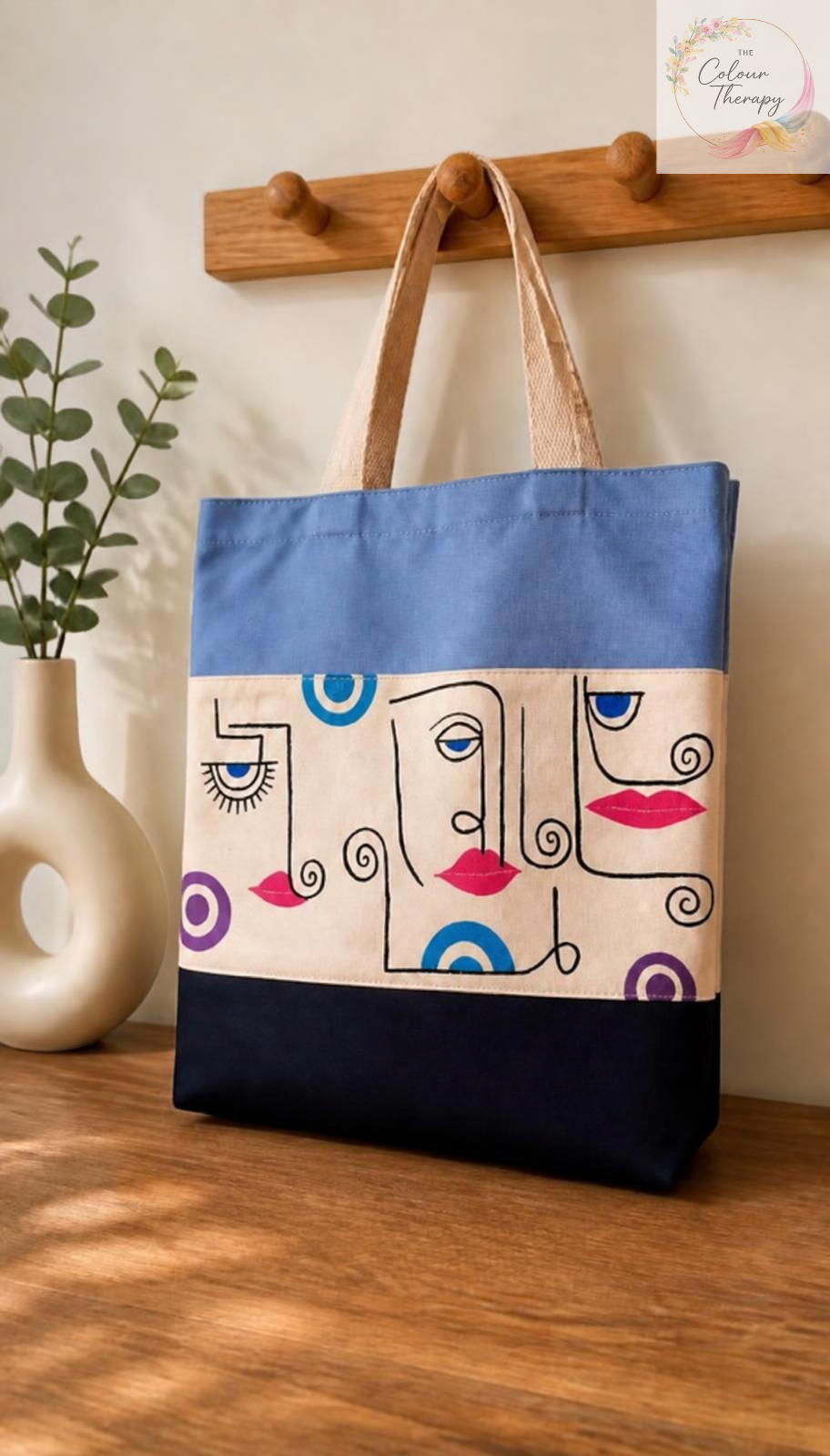 Tricolour Hand-painted Abstract Canvas Tote Bag Design 1