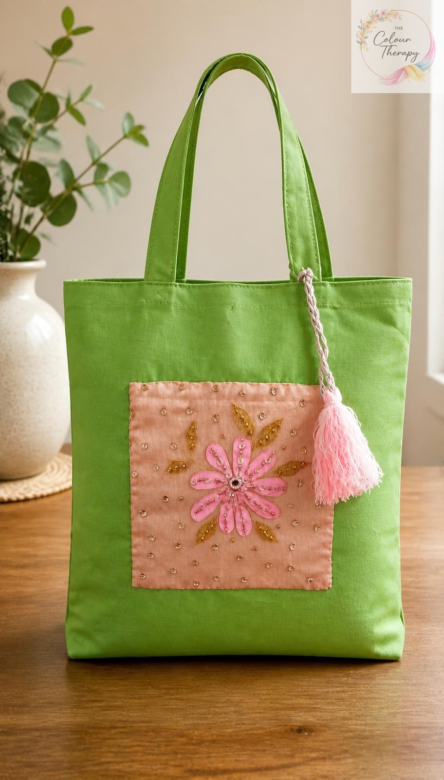 Green Hand-painted and Embellished Canvas Tote Bag