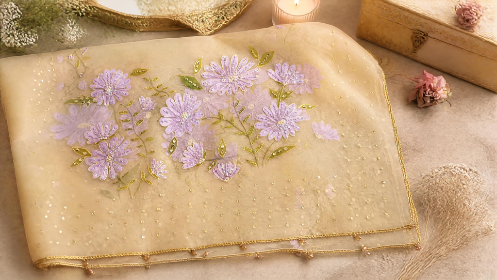 Lilac on Gold Hand-painted Organza Dupatta