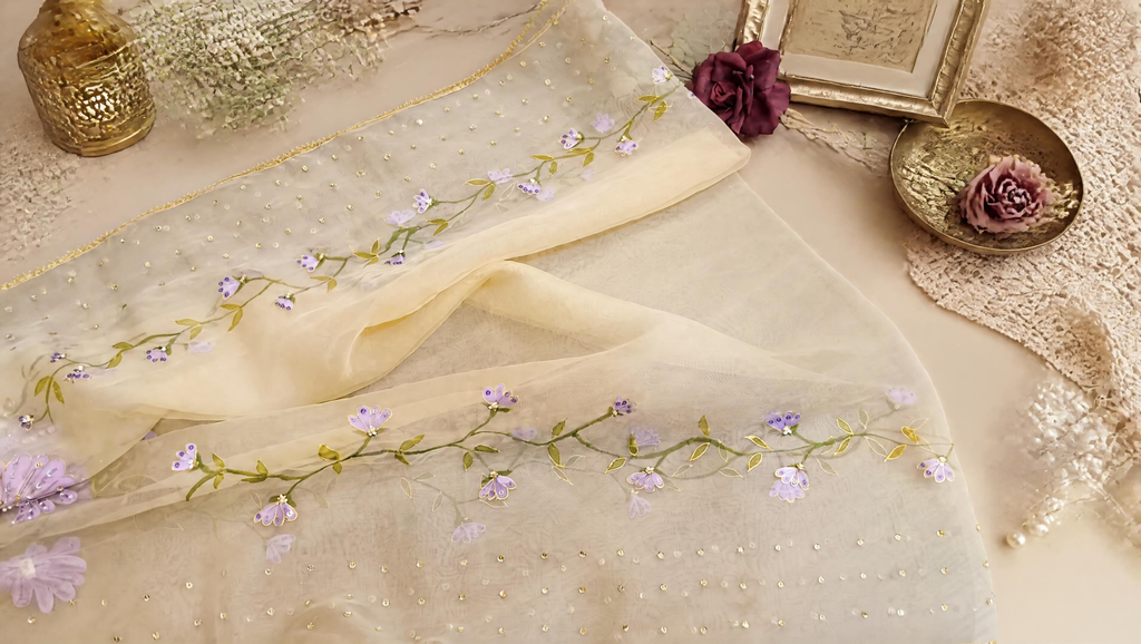 Lilac on Gold Hand-painted Organza Dupatta