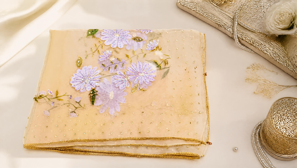 Lilac on Gold Hand-painted Organza Dupatta