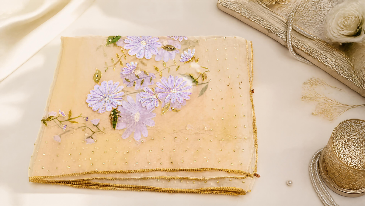 Lilac on Gold Hand-painted Organza Dupatta