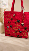 Red Hand-painted Chinese Tree Canvas Tote Bag