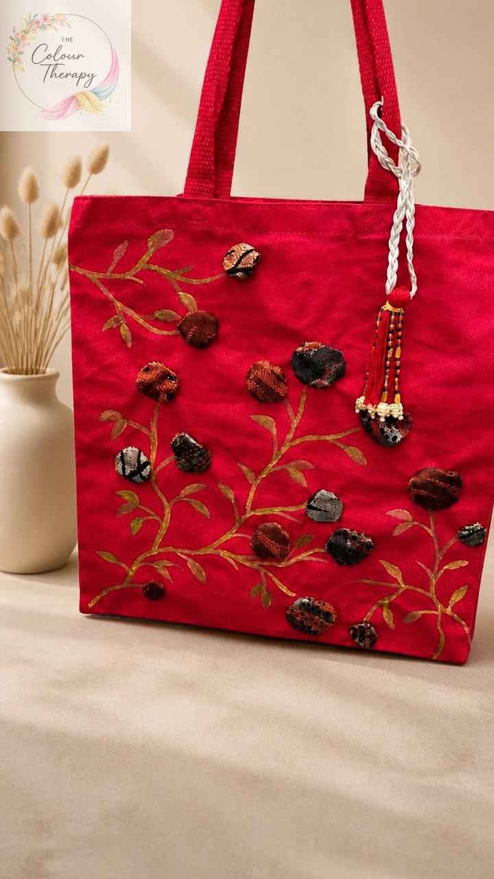Red Hand-painted Chinese Tree Canvas Tote Bag