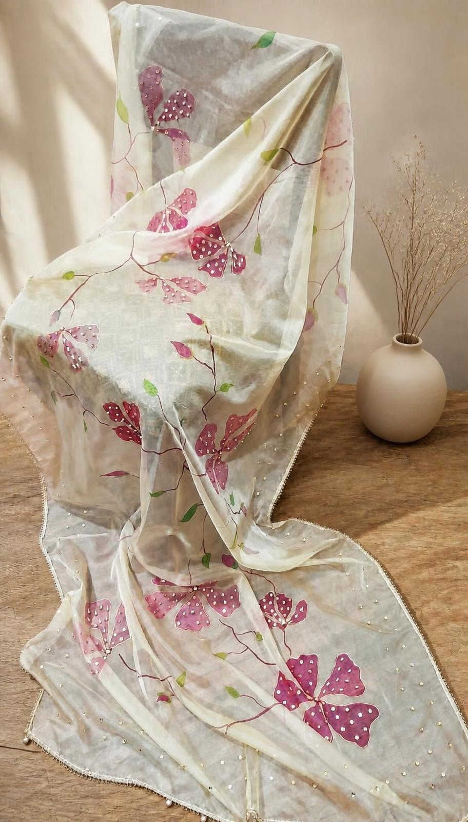 Magenta on Gold Hand-painted Organza Dupatta