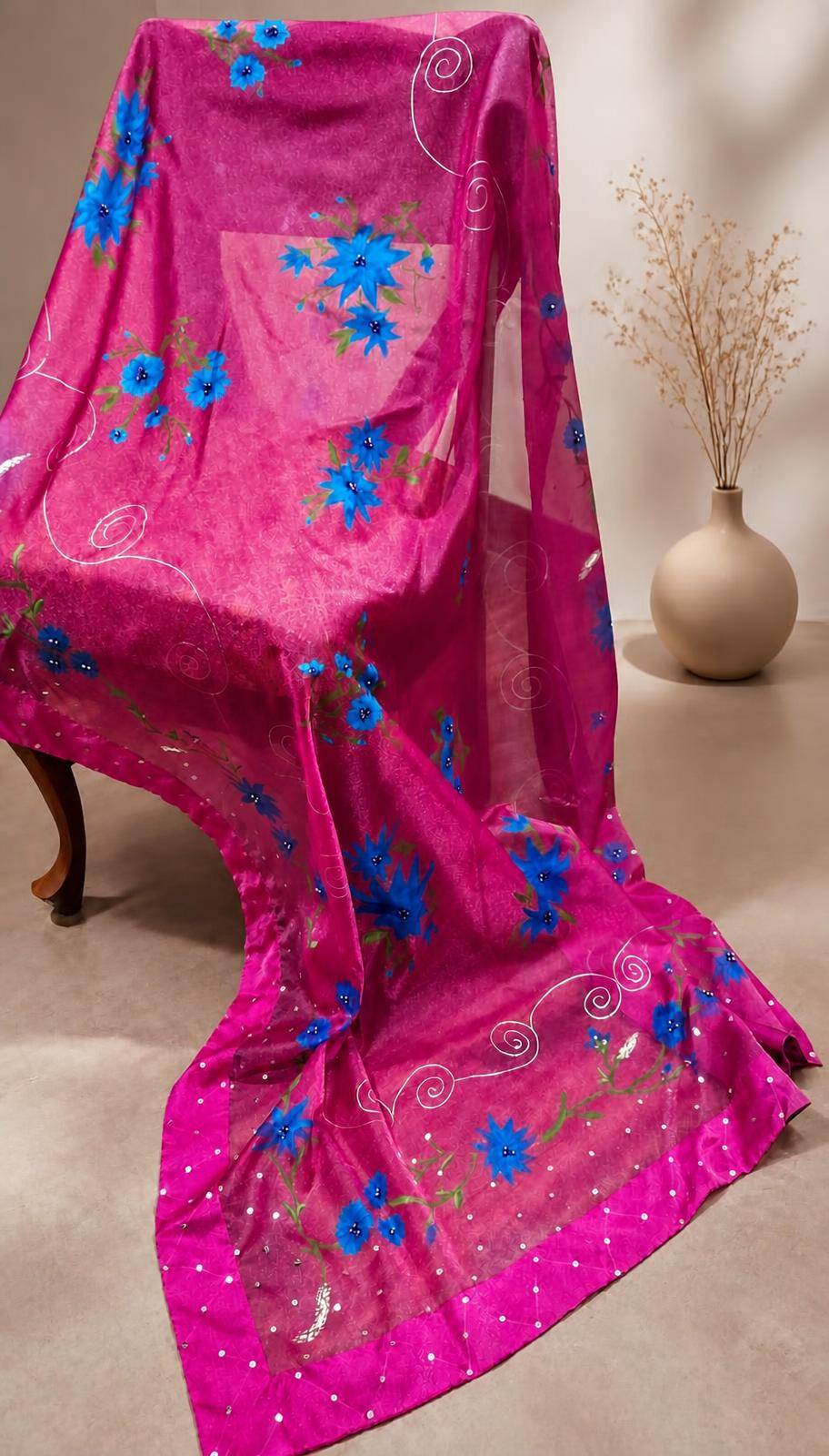 Blue on Hot Pink Hand-painted Organza Dupatta