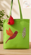 Green Hand-painted Humming Bird Canvas Tote Bag