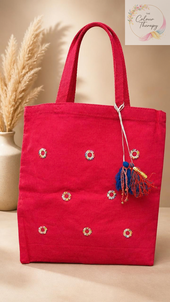 Red Hand-embellished Canvas Tote Bag