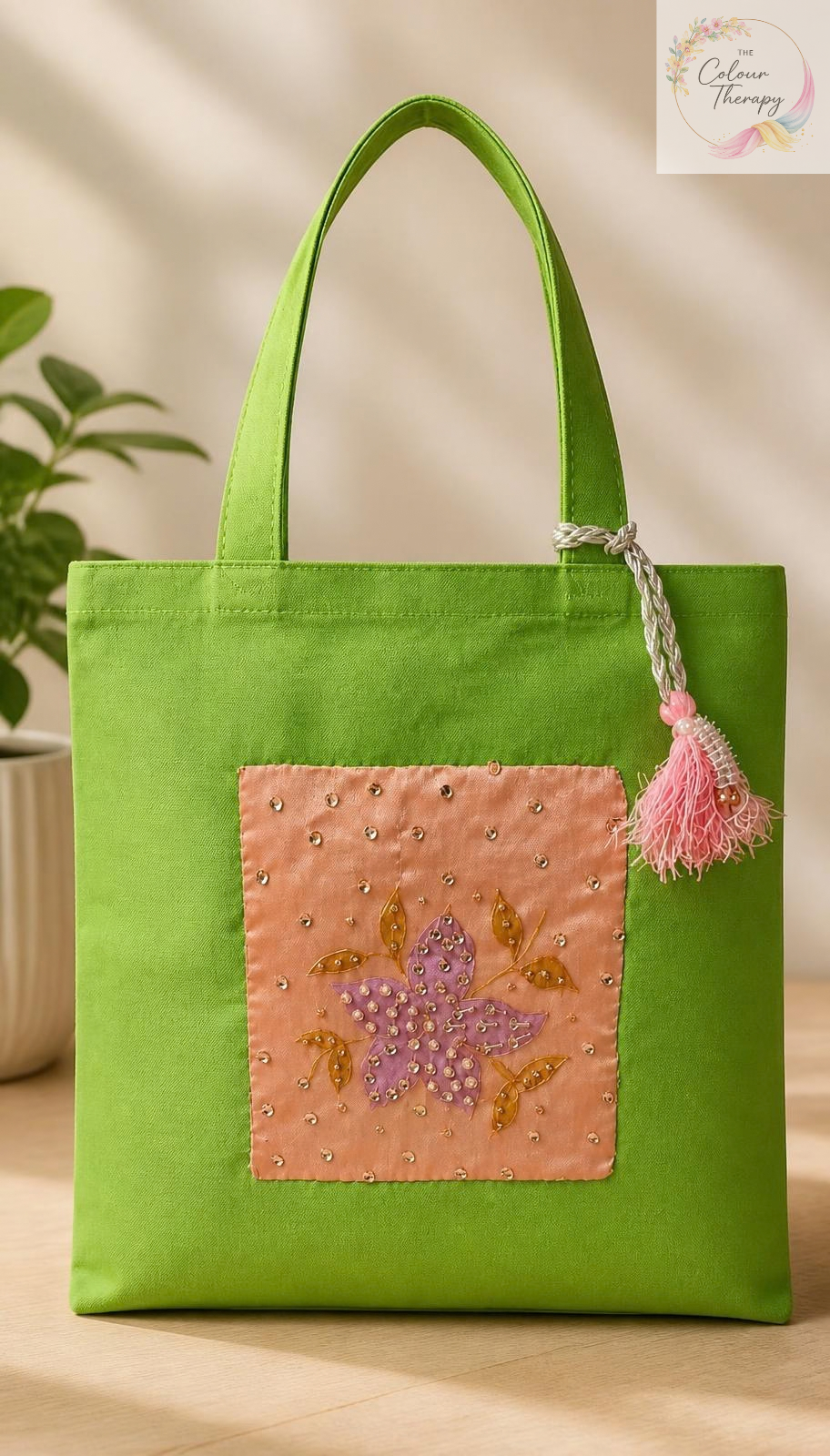 Green Hand-painted in Lilac and Embellished Canvas Tote Bag
