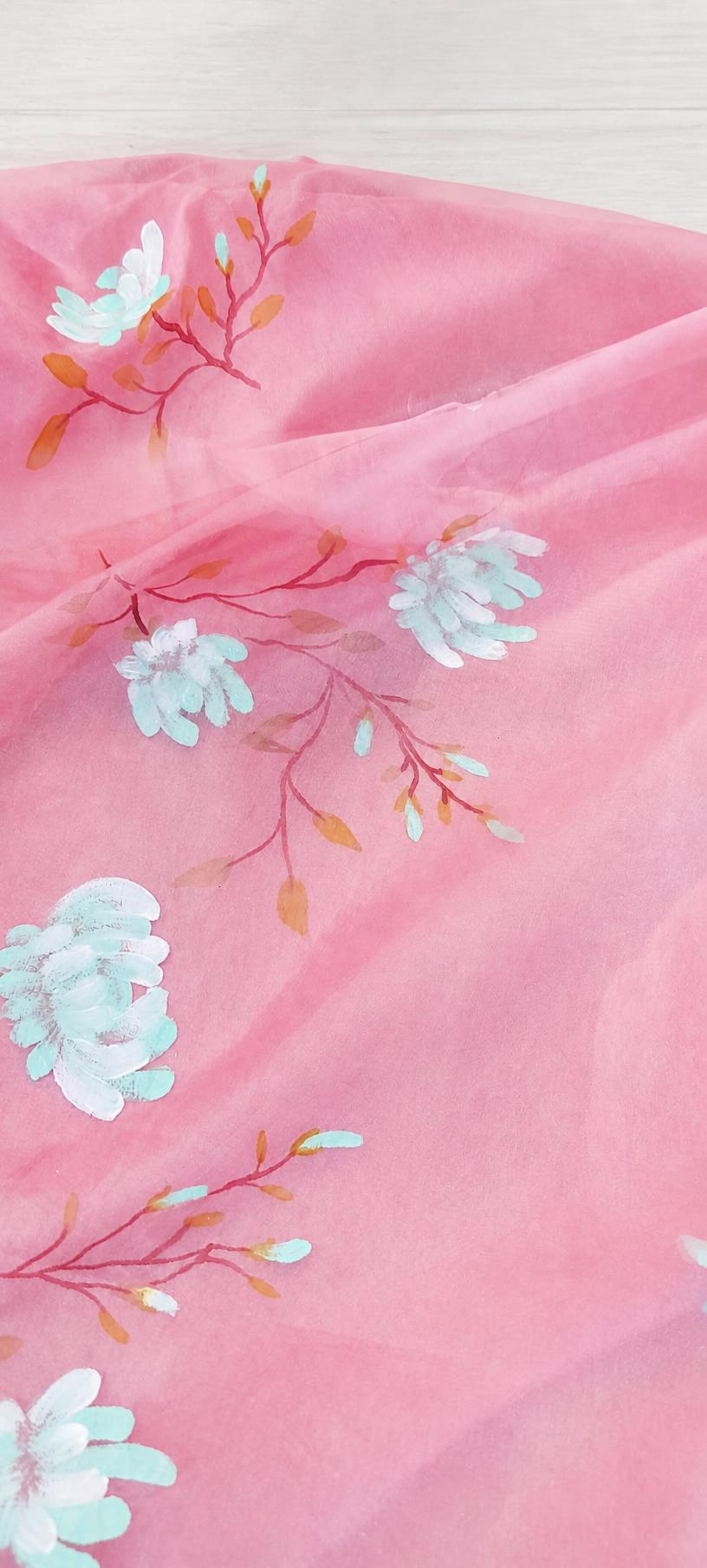 Blush Pink Hand-painted Organza Dupatta