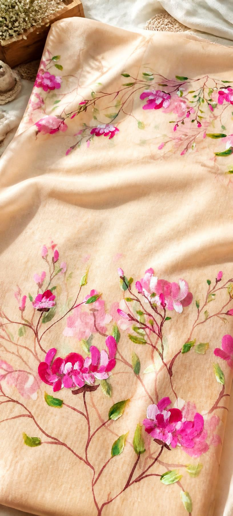 Pinks on Butter Yellow Hand-painted Organza Dupatta