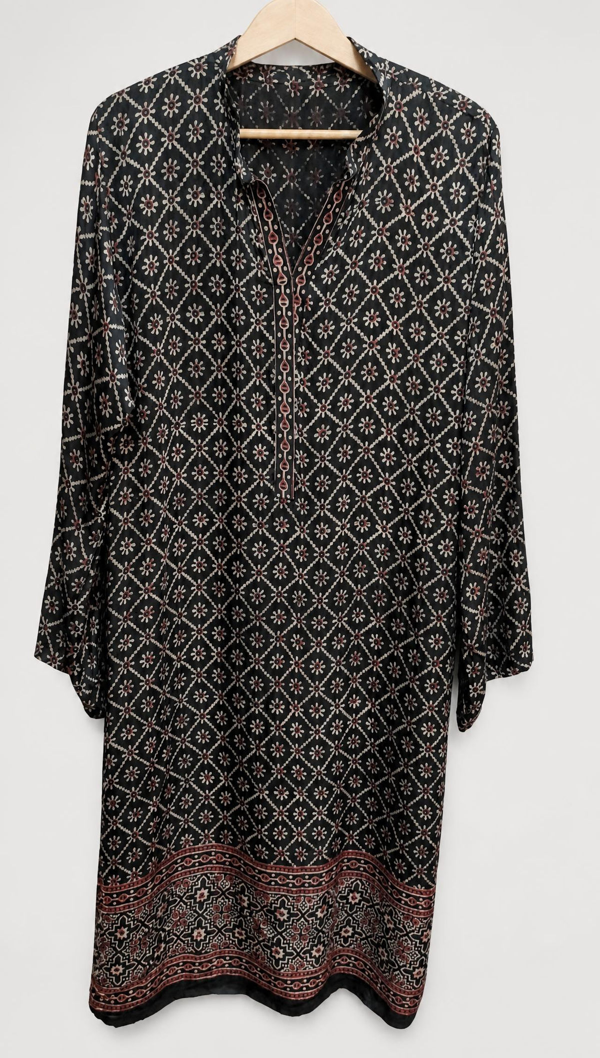 Block print ready to wear silk shirt in black