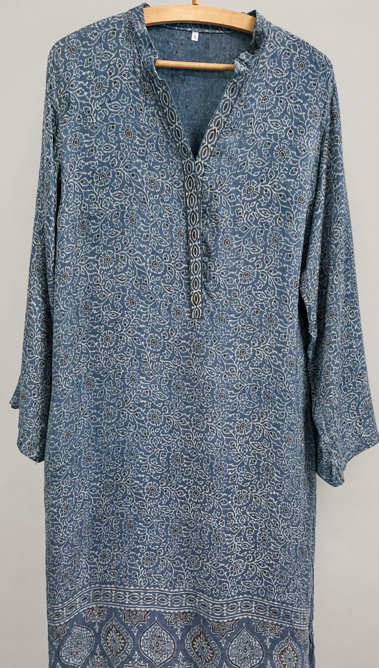 Block print blue silk ready to wear shirt