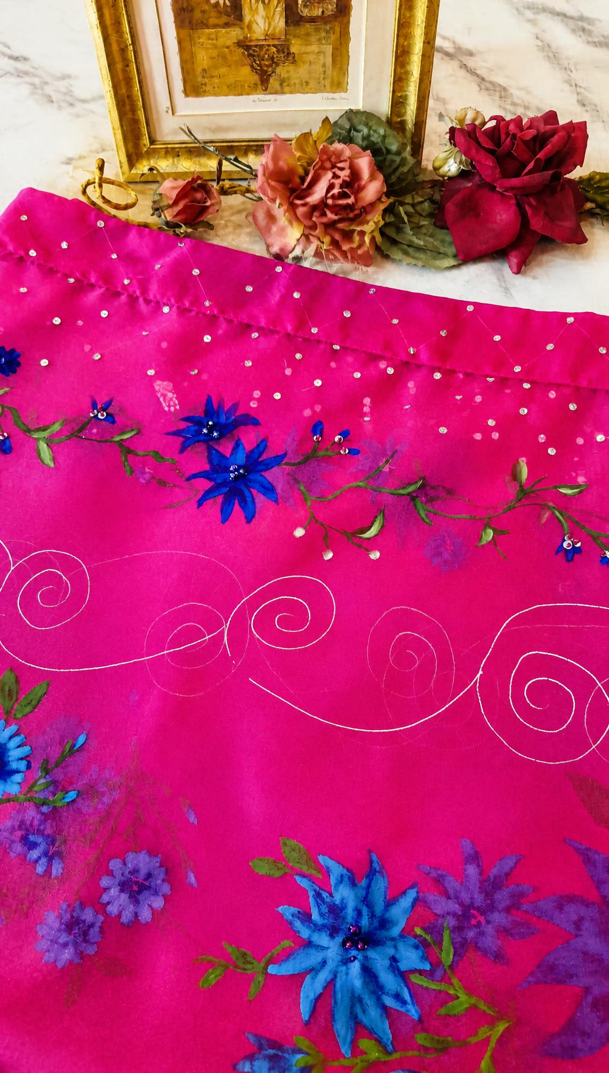 Blue on Hot Pink Hand-painted Organza Dupatta