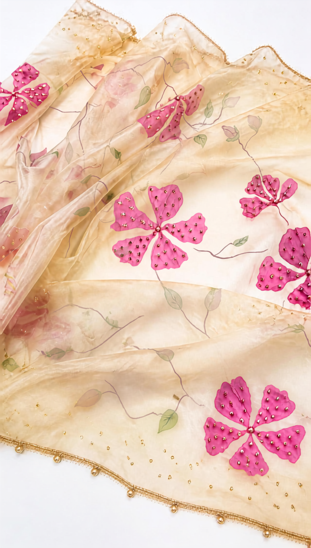 Magenta on Gold Hand-painted Organza Dupatta