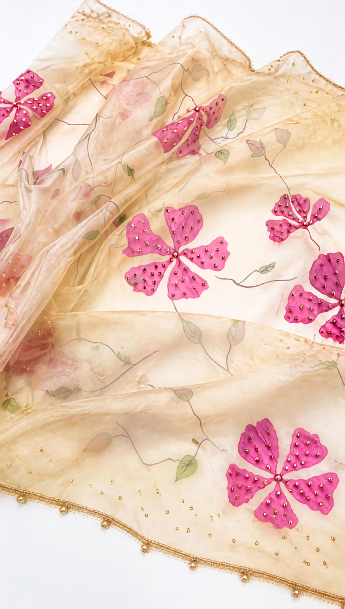 Magenta on Gold Hand-painted Organza Dupatta