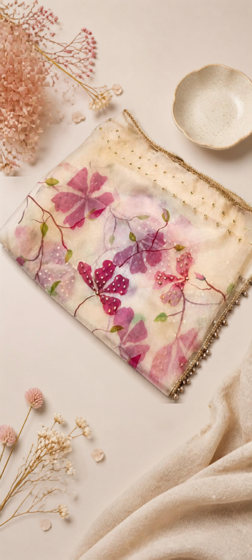 Magenta on Gold Hand-painted Organza Dupatta