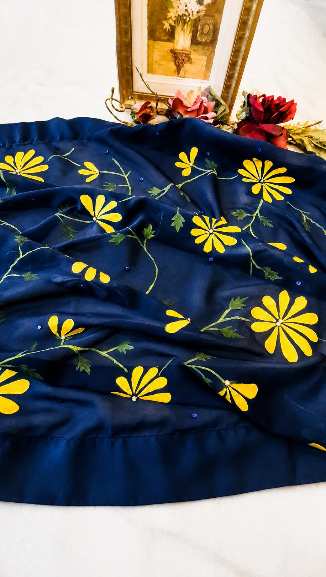 Yellow on Lapis Blue Hand-painted Georgette Dupatta